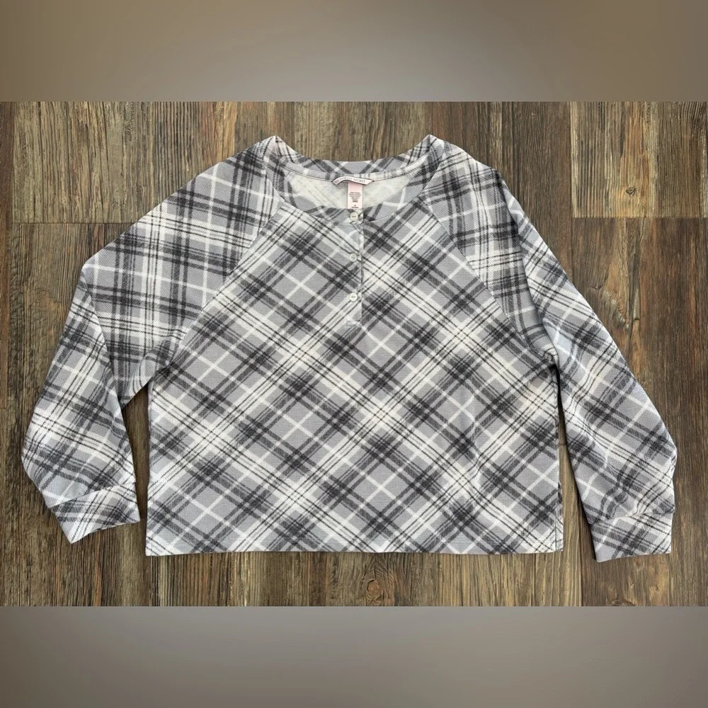 Victoria’s Secret Glow Waffle Henley Jogger Pajama Set Size Medium Gray Plaid - Picture 2 of 12